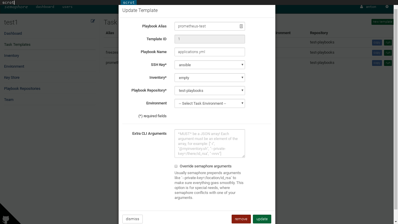 Semaphore Task Template Edit Page