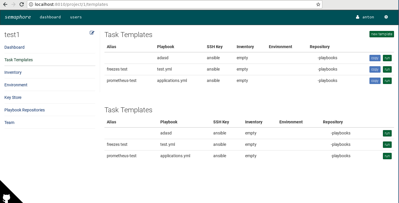 Semaphore Task Templates Page